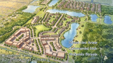 Aerial rendering of the Burnt Store Road area, called Lakefront Center, with notes for mixed use areas, a commercial hub, and walkable streets.